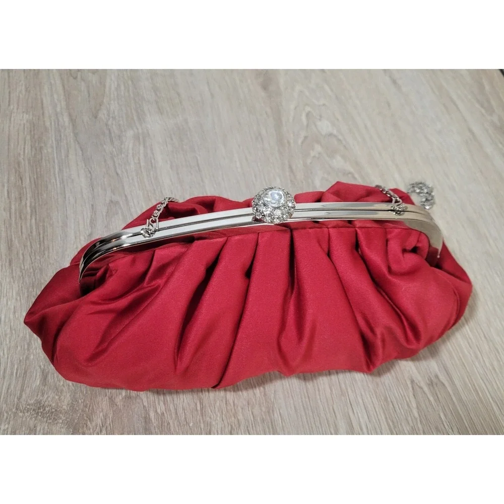 Lulu Townsend Red Clutch w/ Rhinestone Clasp & Chaine strap Purse Night Bag